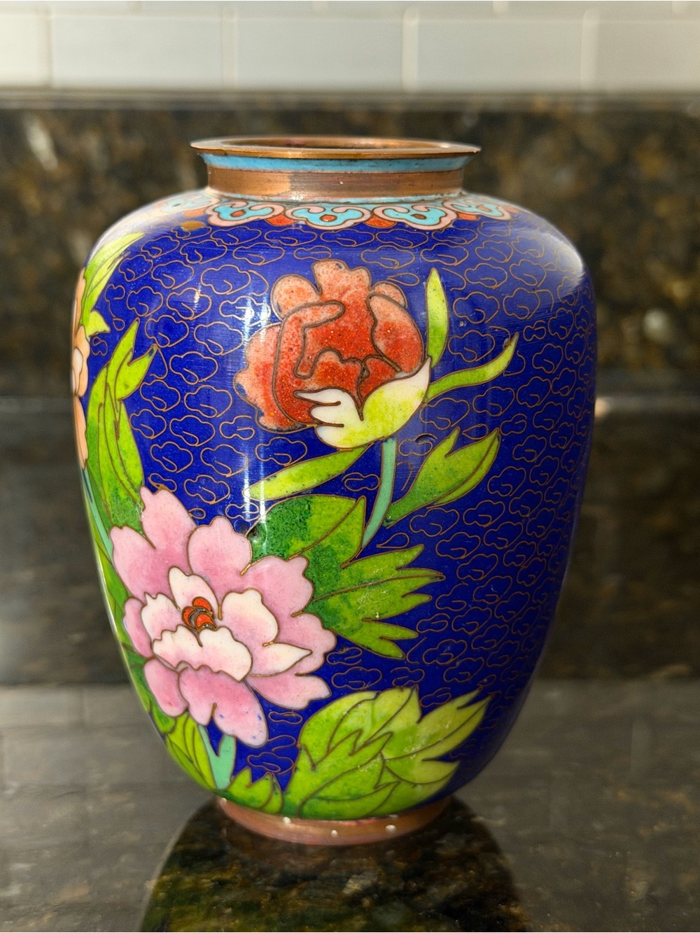 Vintage Chinese Cloisonné Petite Vase | Cobalt Blue Floral Peony 4.5” - Picture 3 of 8